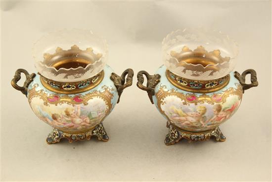 A pair of Sevres style porcelain champleve enamel and gilt brass mounted vases, c.1900, 14cm x 17cm